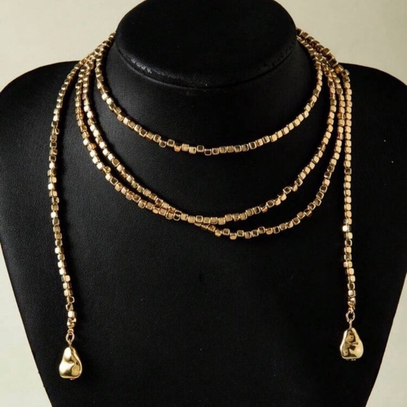 18k Gold Plated Beaded Lariat Necklace Long Statement Wrap Chain 55” New - Picture 2 of 3